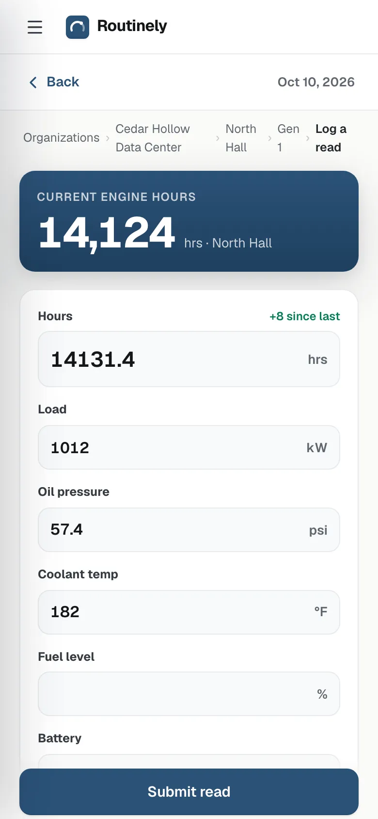 Logging the Oct 10 read for Gen 1 on a phone: engine hours, load, oil pressure and coolant temperature.