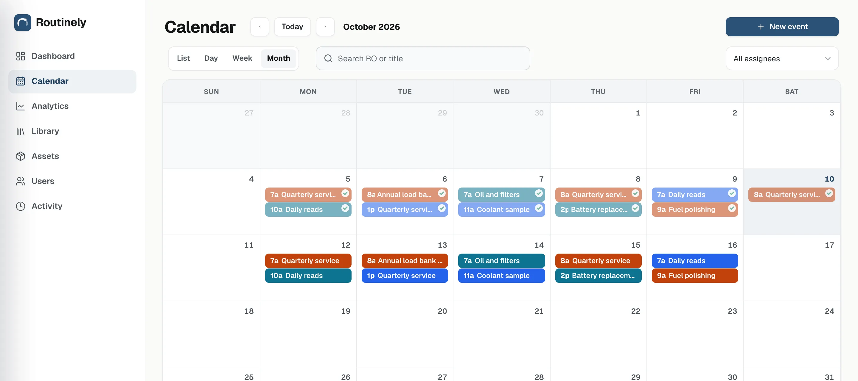 The office calendar for October: the Oct 10 quarterly service done, and next week's jobs booked.